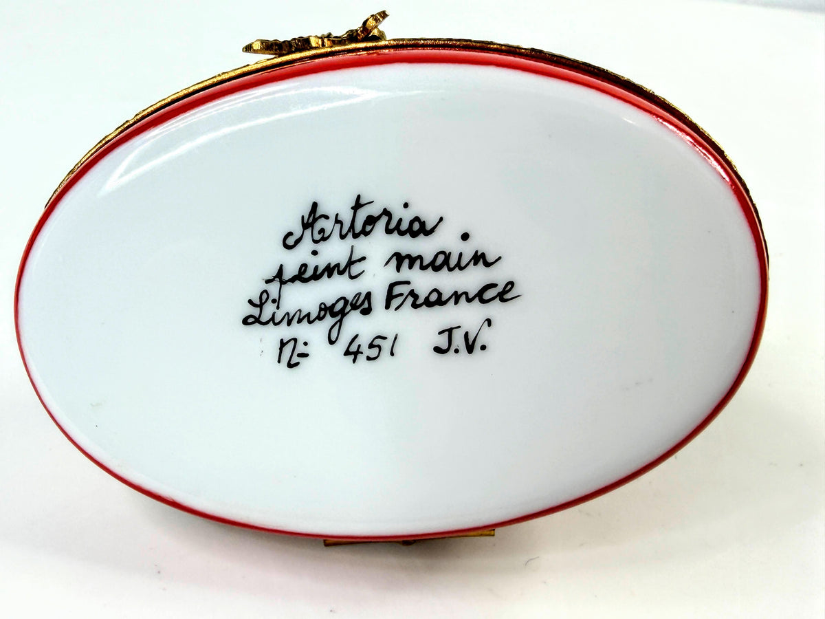 Artoria Limoges France Yorkie Dog Porcelain Trinket Box Red Pillow A1050