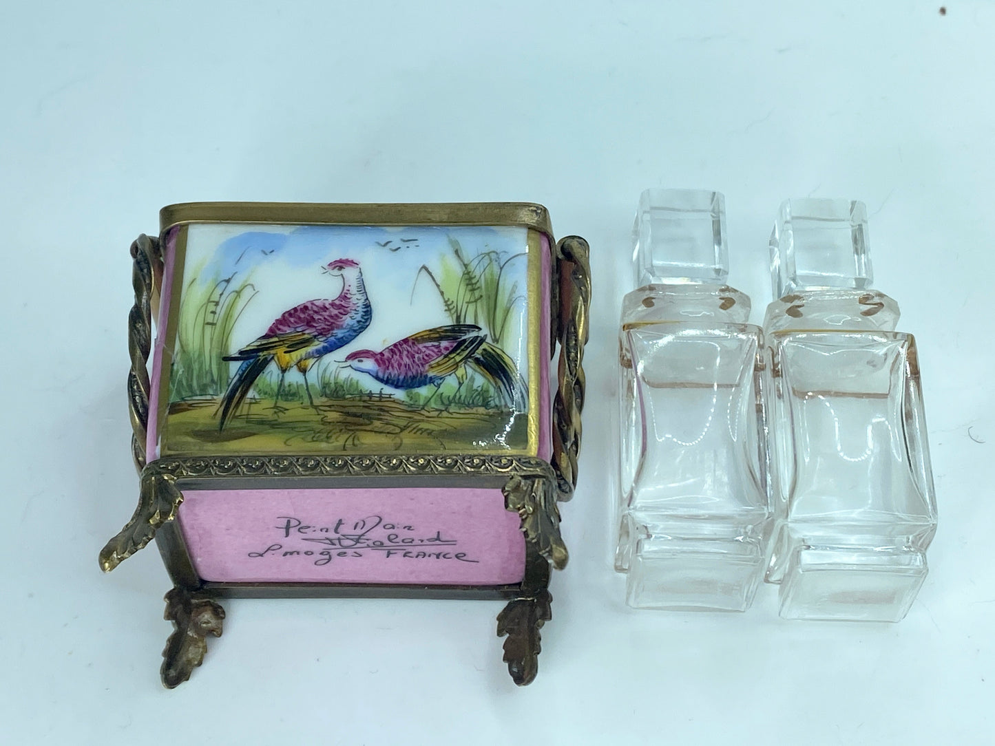 J Polard Limoges elegant Paratrich casket with two perfume bottles 2 5/8" A384