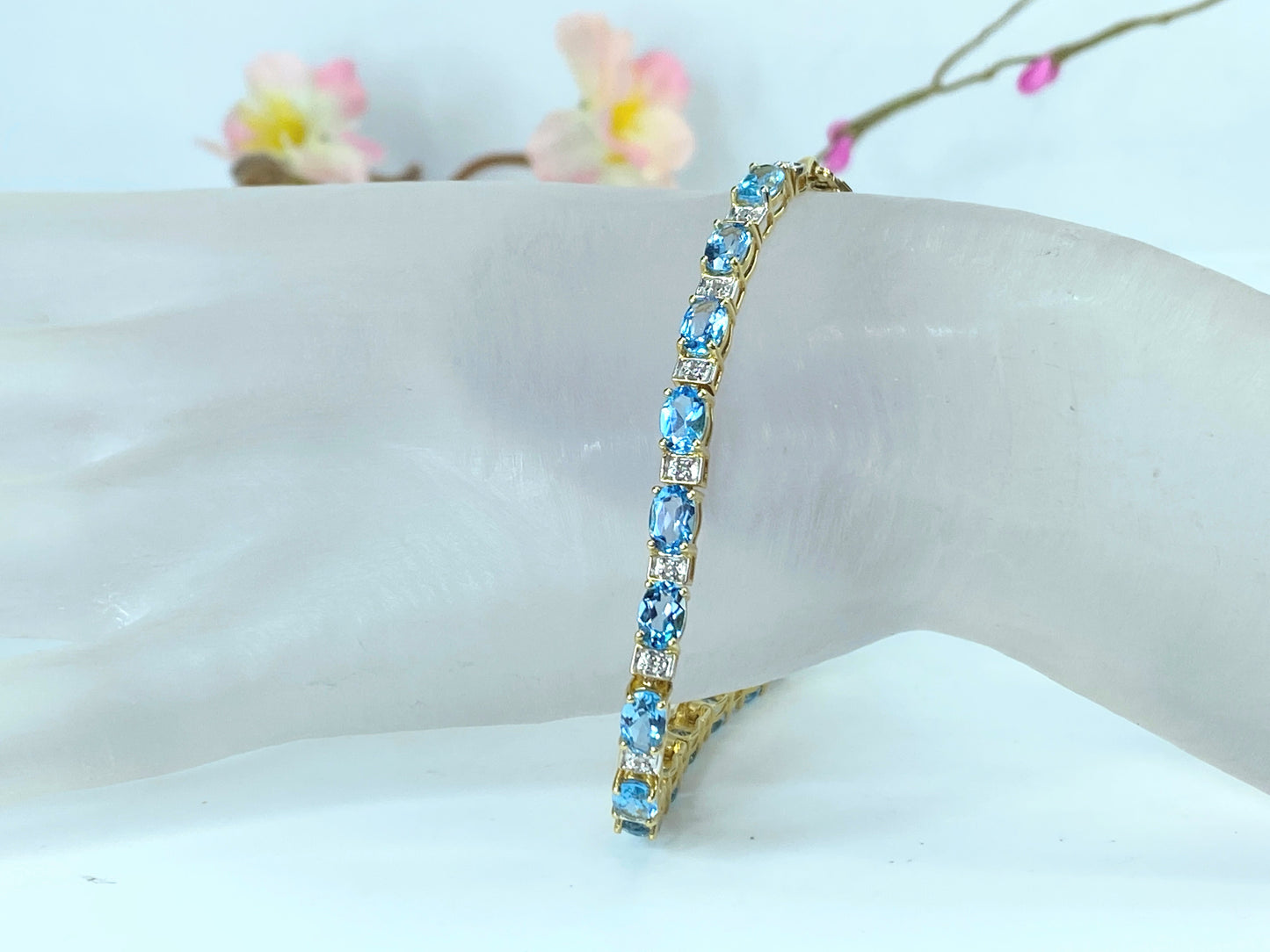 10K yellow gold Diamond Swiss Blue Topaz Tennis link bracelet 7.25" 9.4g JR9774