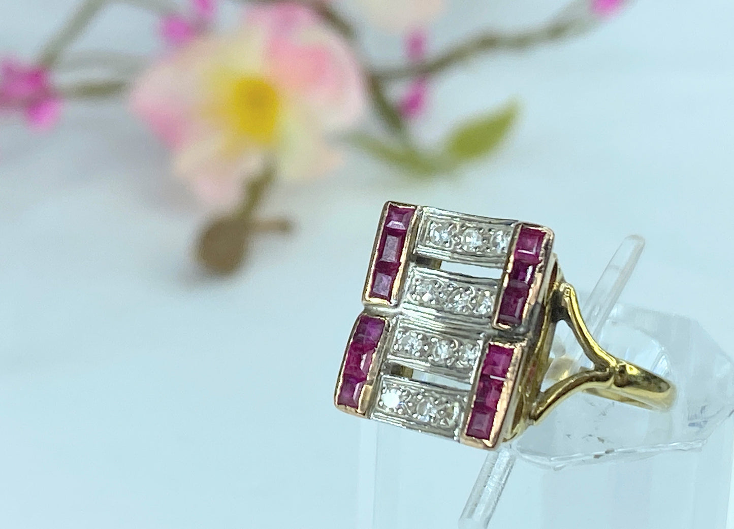 Art Deco 18K gold Diamond Ruby dress ring s6 4.4g JR9776