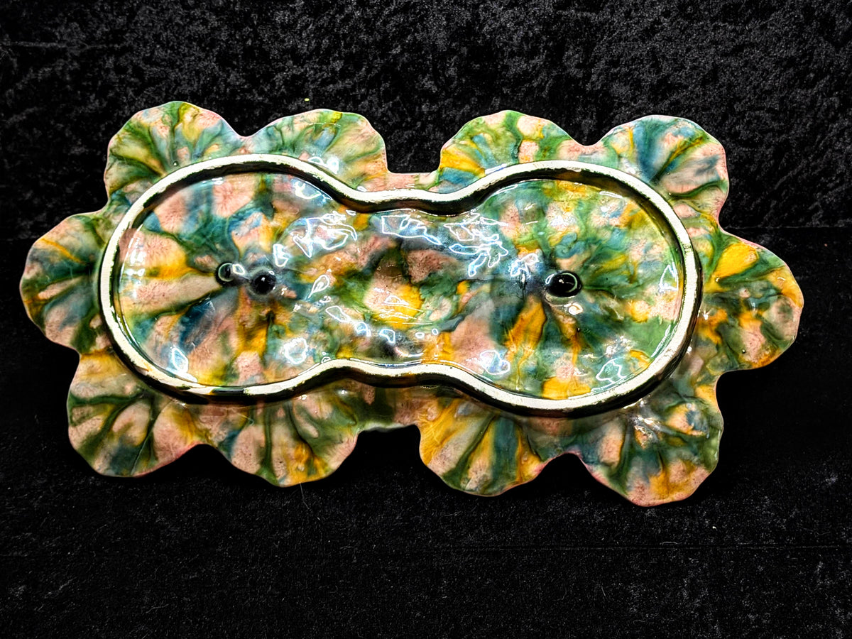 Antique French Majolica Master Oyster Server with handle 12 Wells 15.5" A1044
