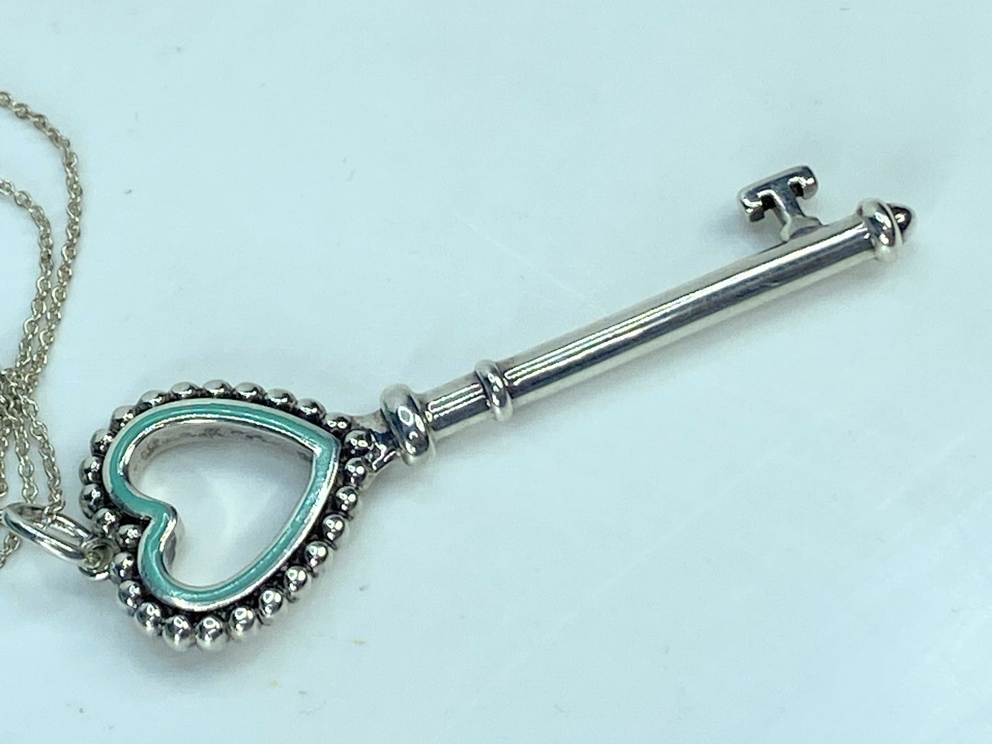 Tiffany Sterling Silver Enamel Beaded Heart Key Pendant Necklace Blue 16" JR896