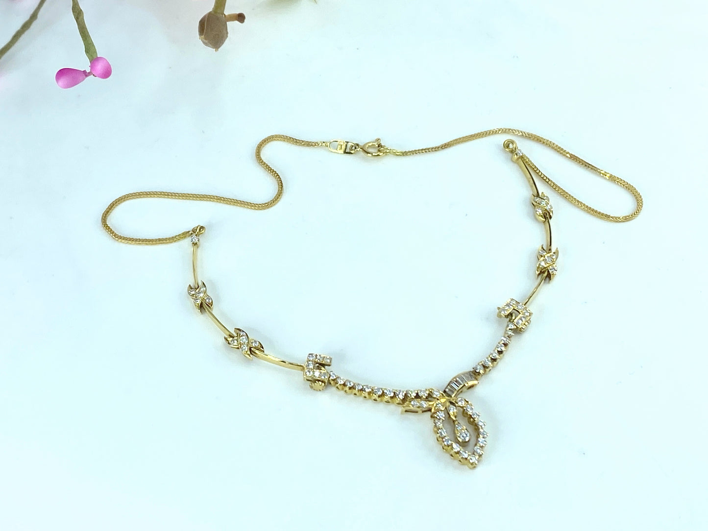 1988 Sheffield 18K yellow gold 1.2ct Diamond wheat link bar necklace 12g JR9667