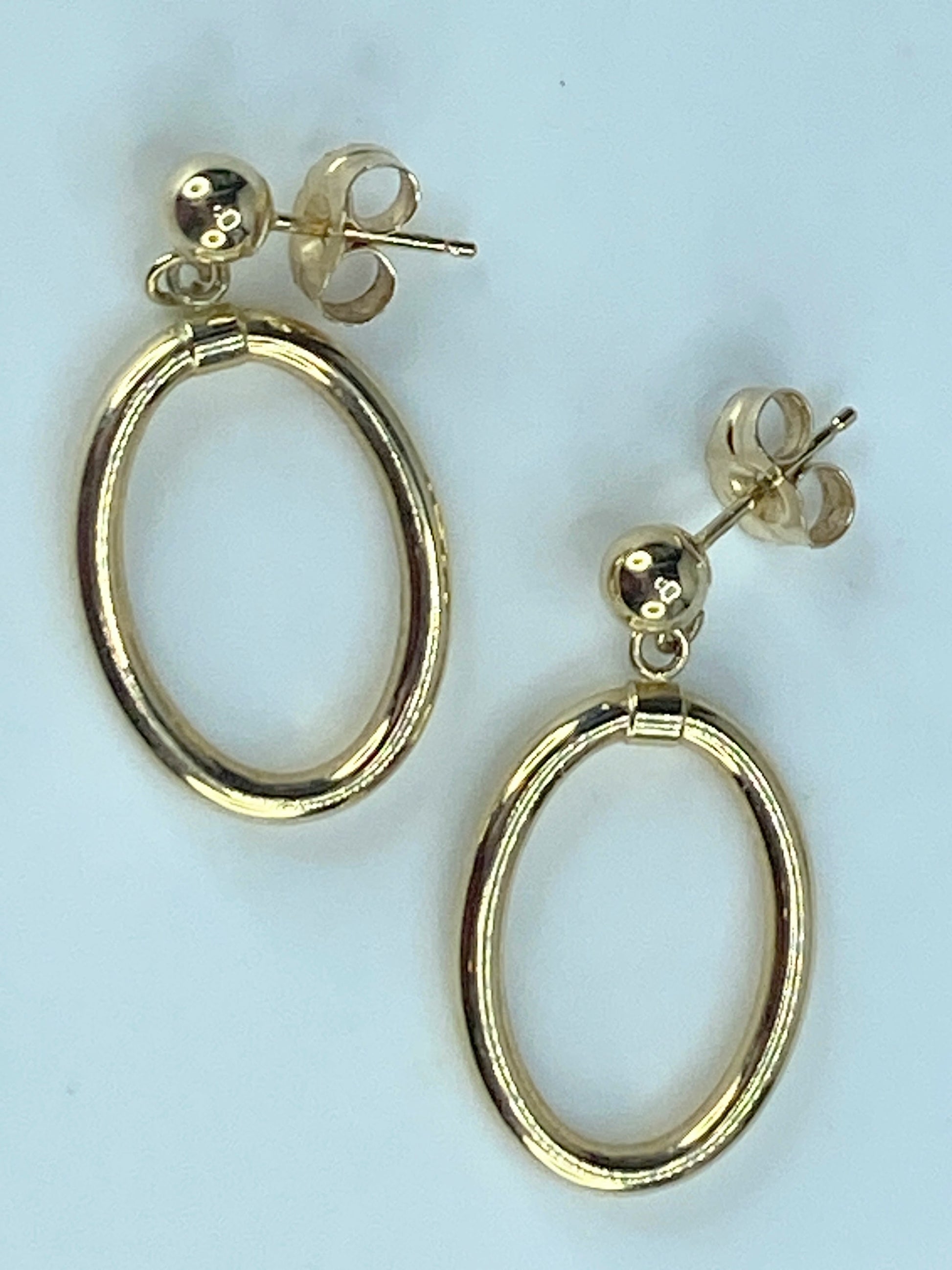 14K yellow gold 2.0mm oval "door knob" style dangle earrings 1.0" JR490