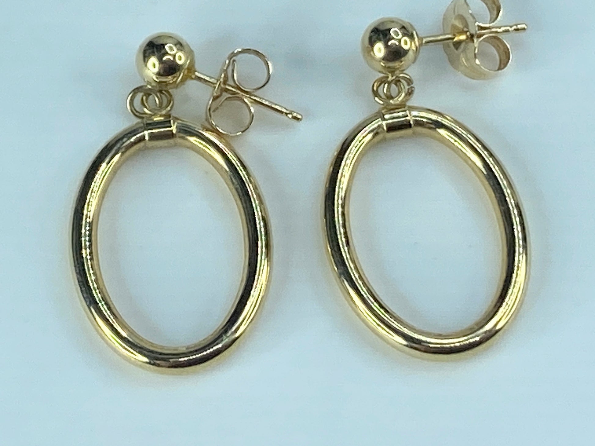 14K yellow gold 2.0mm oval "door knob" style dangle earrings 1.0" JR490