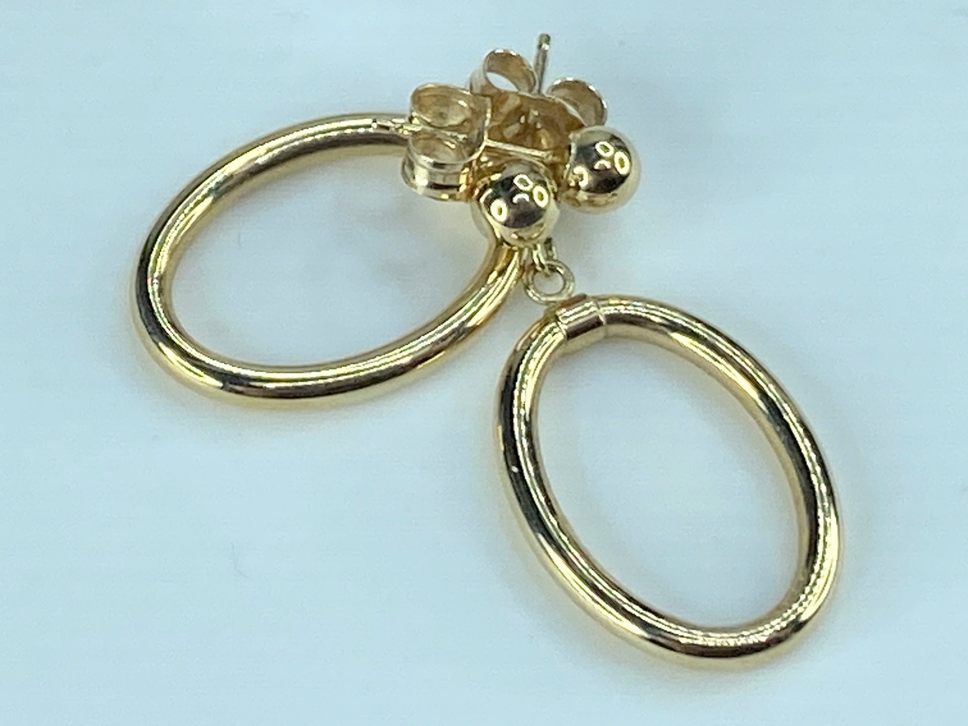 14K yellow gold 2.0mm oval "door knob" style dangle earrings 1.0" JR490