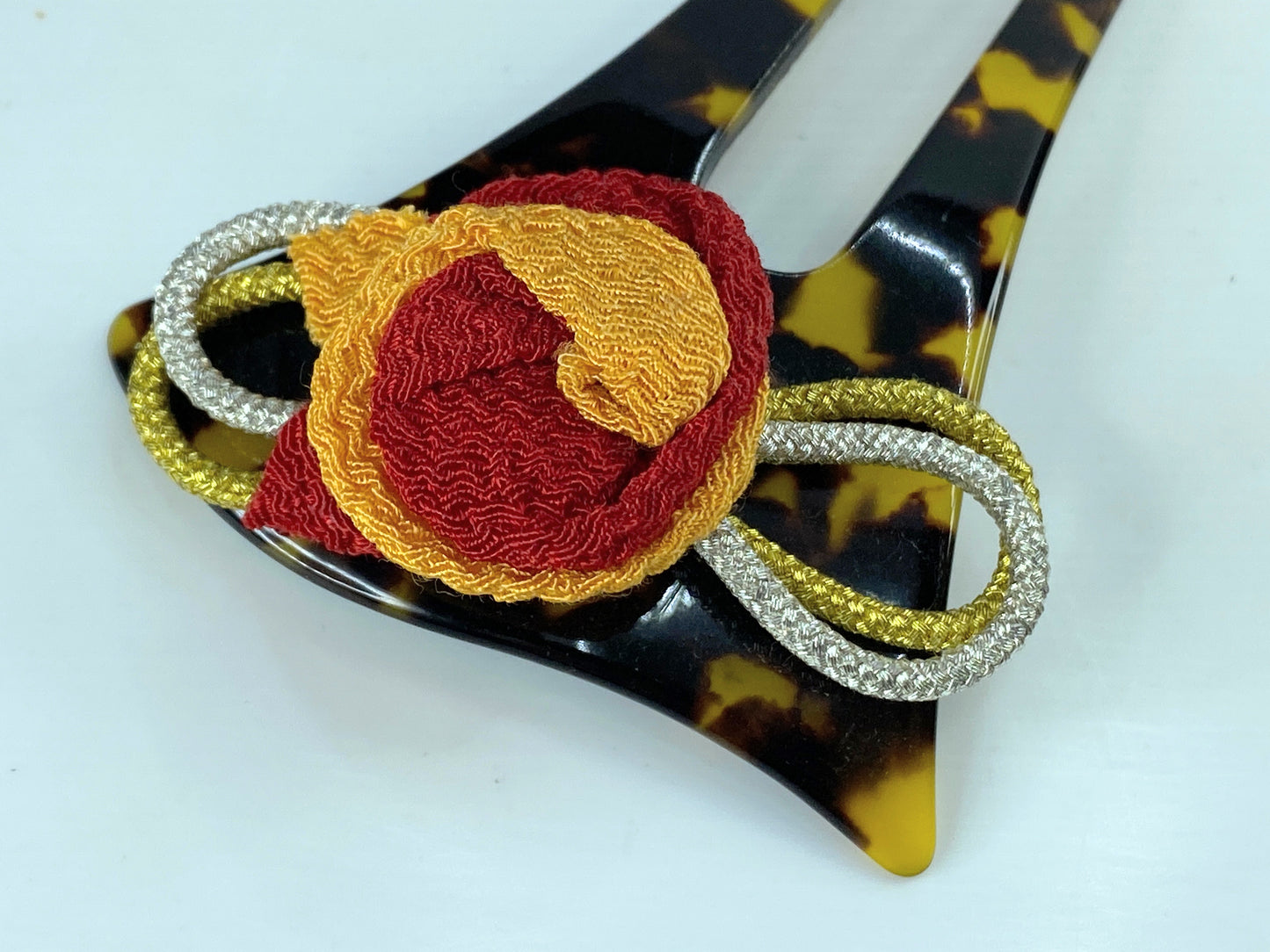 Vintage celluloid hair comb chirimoya fabric bow faux tortoiseshell GS601