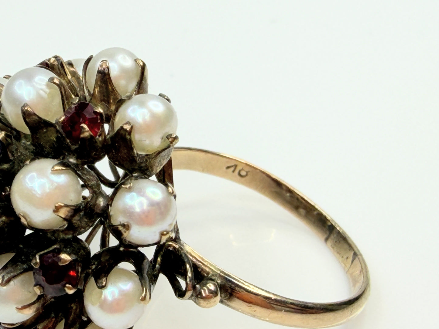 Antique Pearl Garnet Cluster Ring 9–10K Gold Victorian Style 6.2g sz8.5 JR1457