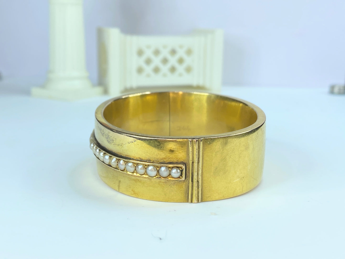 Victorian 19th century Half Pearl 14K gold high polish bangle