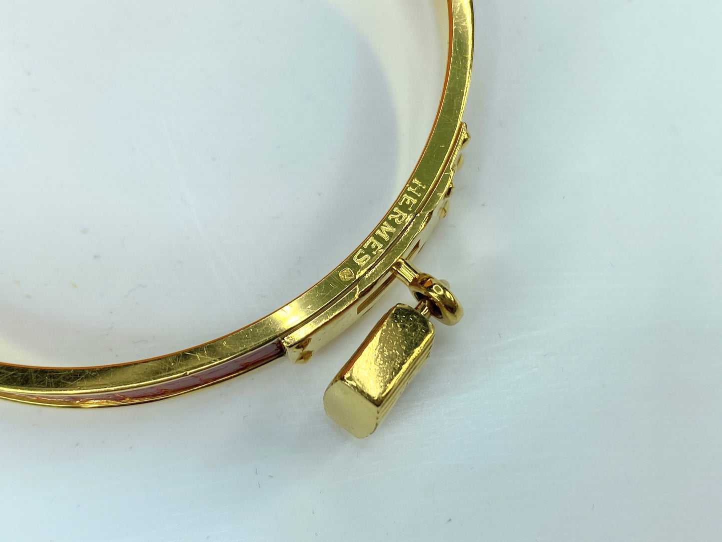Vintage Hermes Epsom Kelly Lock Cadena Bracelet Rouge Casaque s8.25 GS628