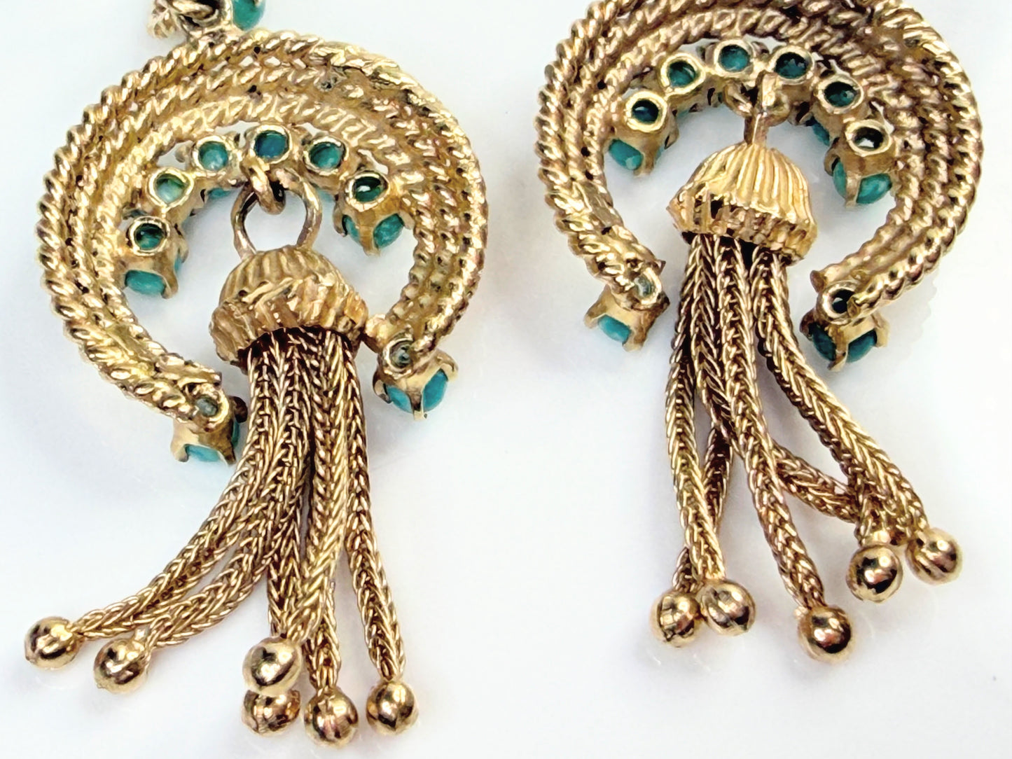 Antique 18K Gold Turquoise Bead Tassel Drop Earrings 2.5mm