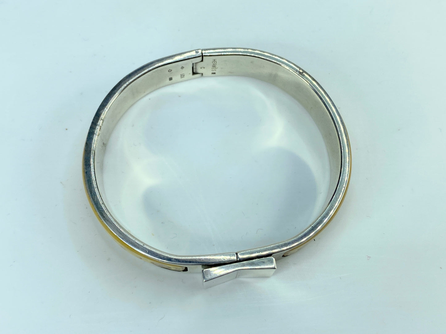 Estate Hermes Green Enamel Star Moon Thin Loquet Hinged Bangle w/box 6.25" GS631