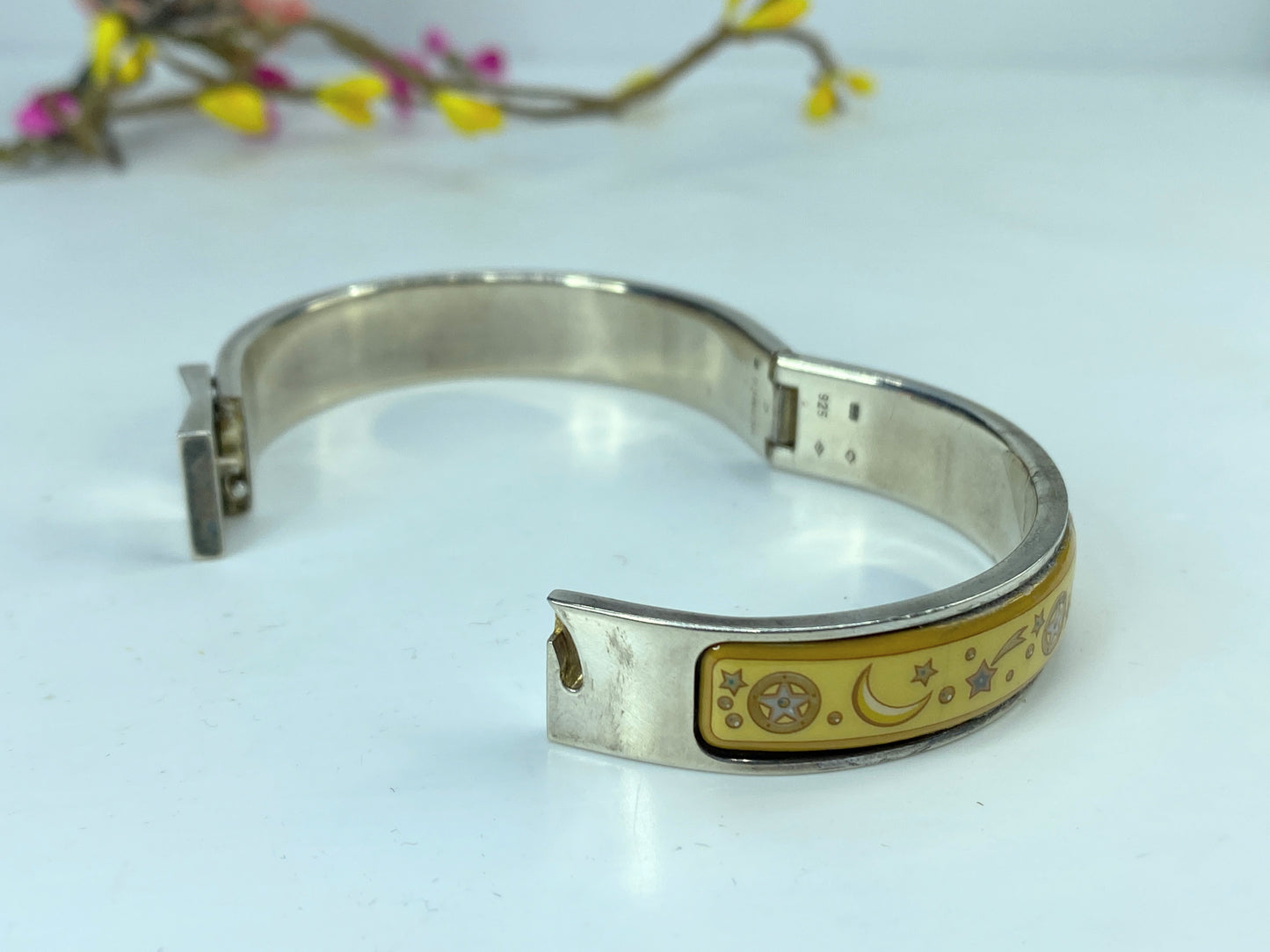 Estate Hermes Green Enamel Star Moon Thin Loquet Hinged Bangle w/box 6.25" GS631