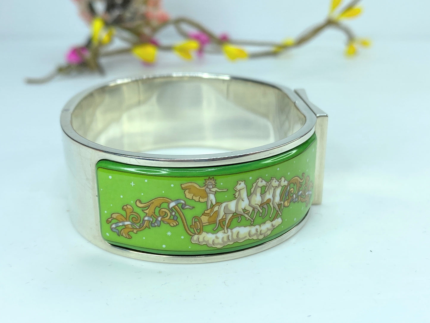 Estate Hermès Helios print clic clac bracelet 20mm enamel silver tone 6.5" GS632