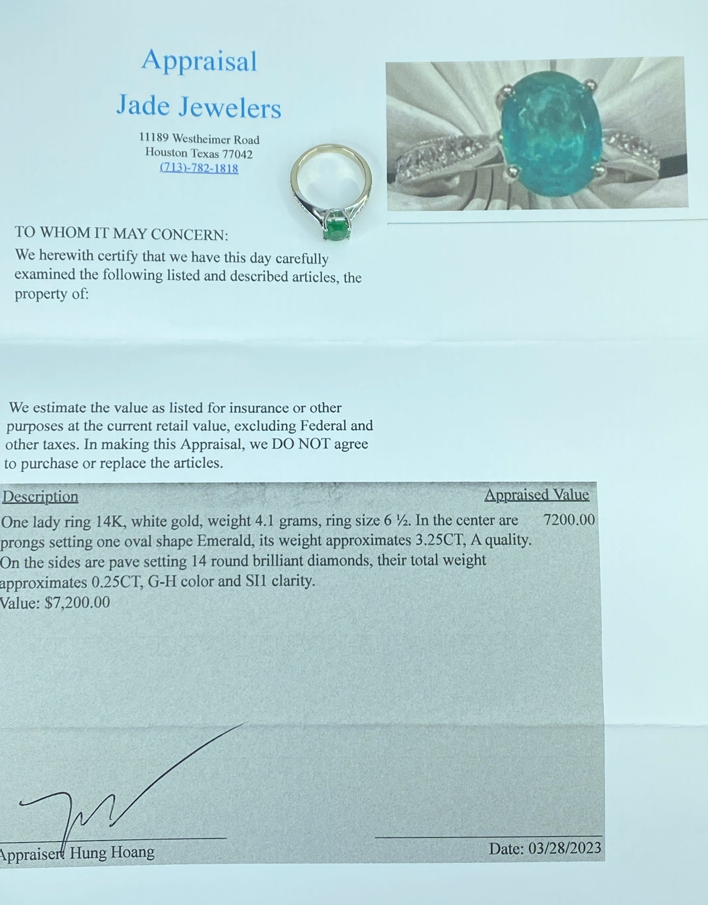 Appraised $7,200 14K 3.25ct natural Oval Emerald 0.25ct Diamond ring s6.5 JR430