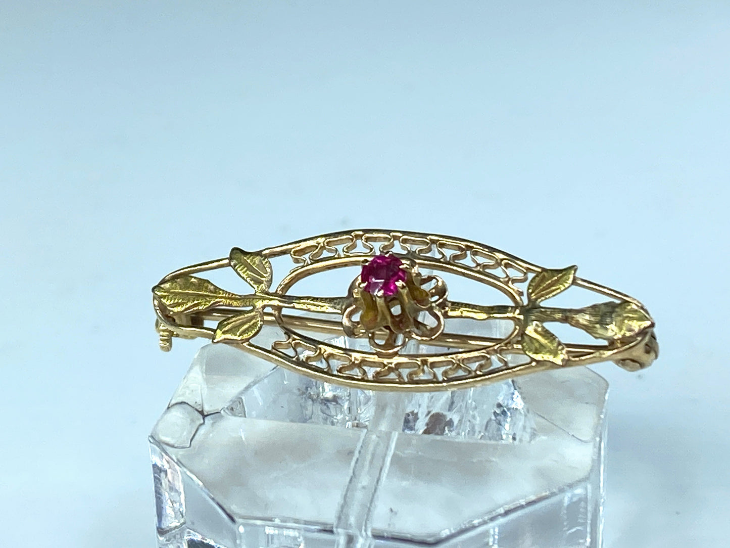 Antique 14K 0.04ct Ruby Open work design brooch