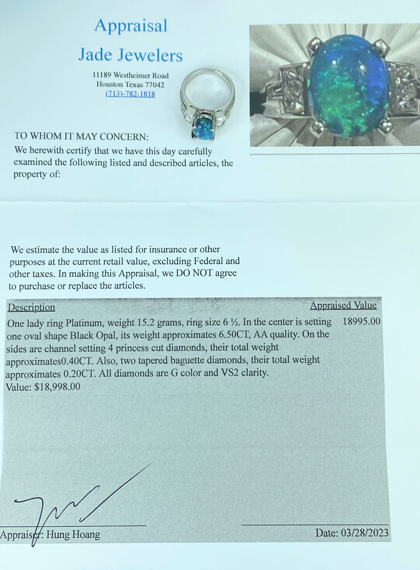 Appraised $18,995 Platinum 6.5ct Black Opal 0.6ct G/VS2 Diamond ring s7.25 JR431