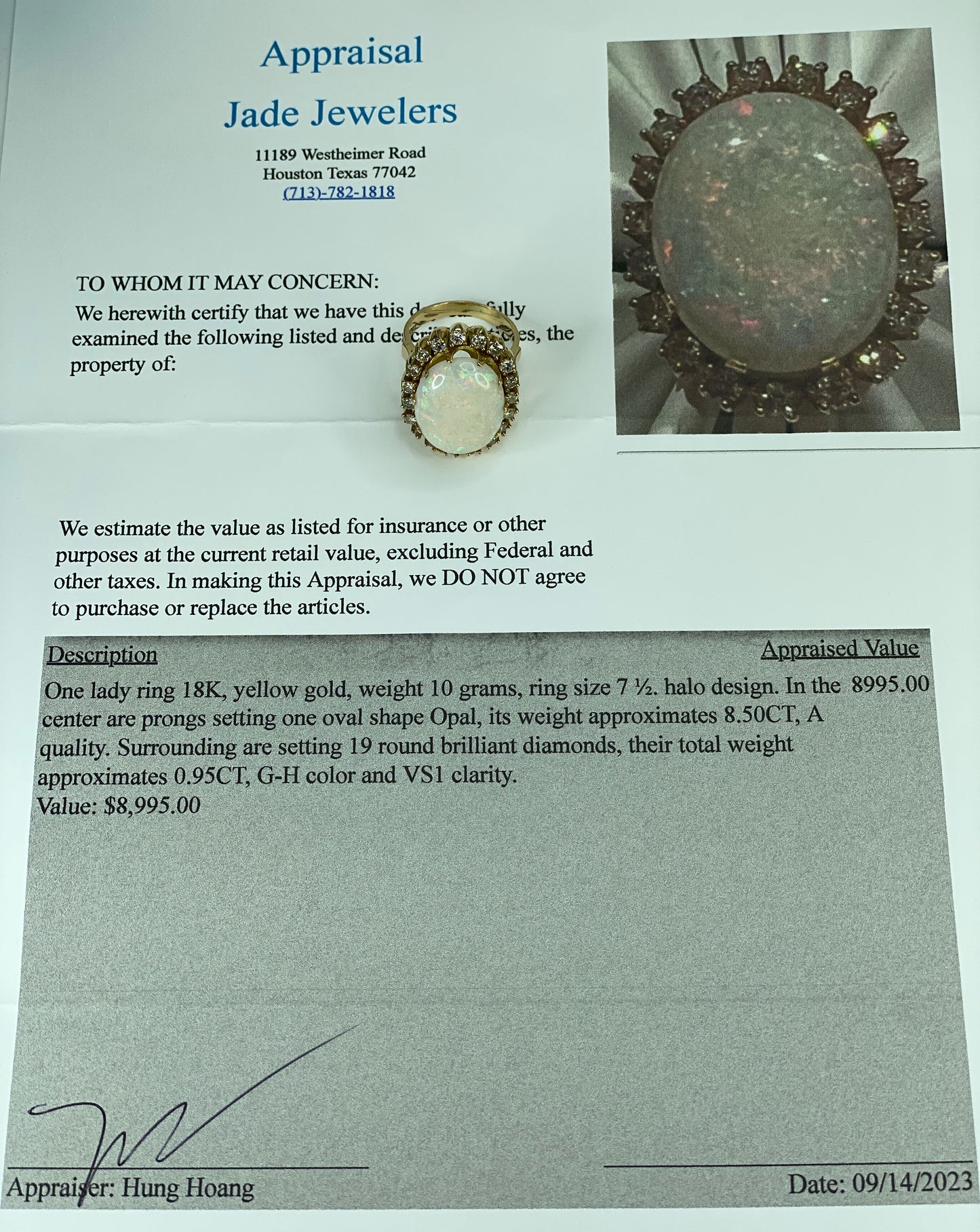 Appraised $8995 18K 8.5ct Opal 0.95ct G/VS1 Diamond ring 10g s7 JR432