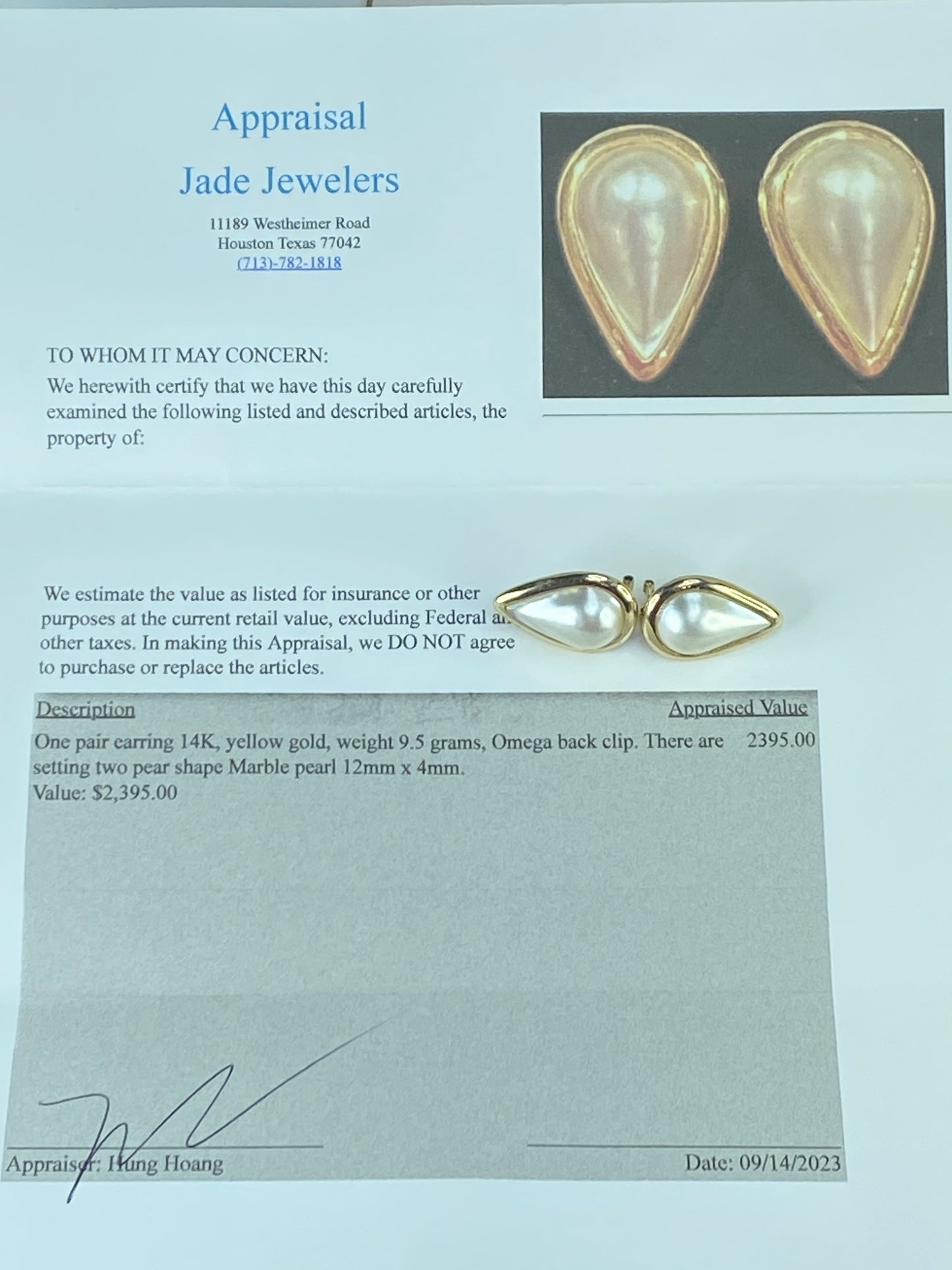 Appraised $2395 14K yellow gold Pear Shape Mabe Pearl omega back 9.5g 12mm JR434