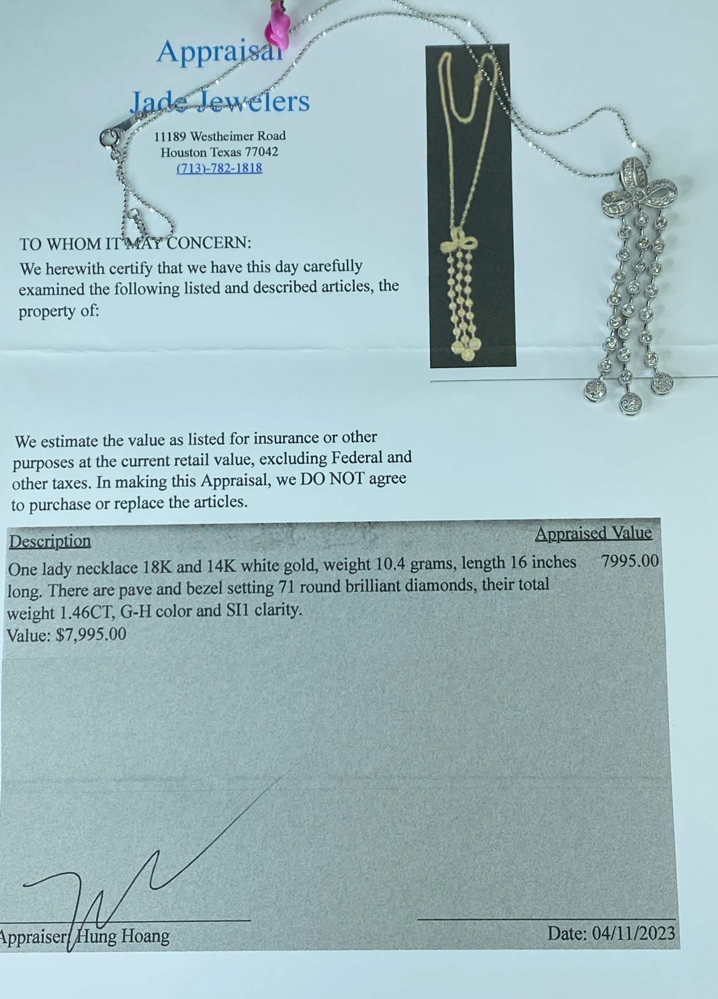 Appraised $7,995 14ct 1.46ct Diamond Pendant in 18K faceted beads necklace JR435