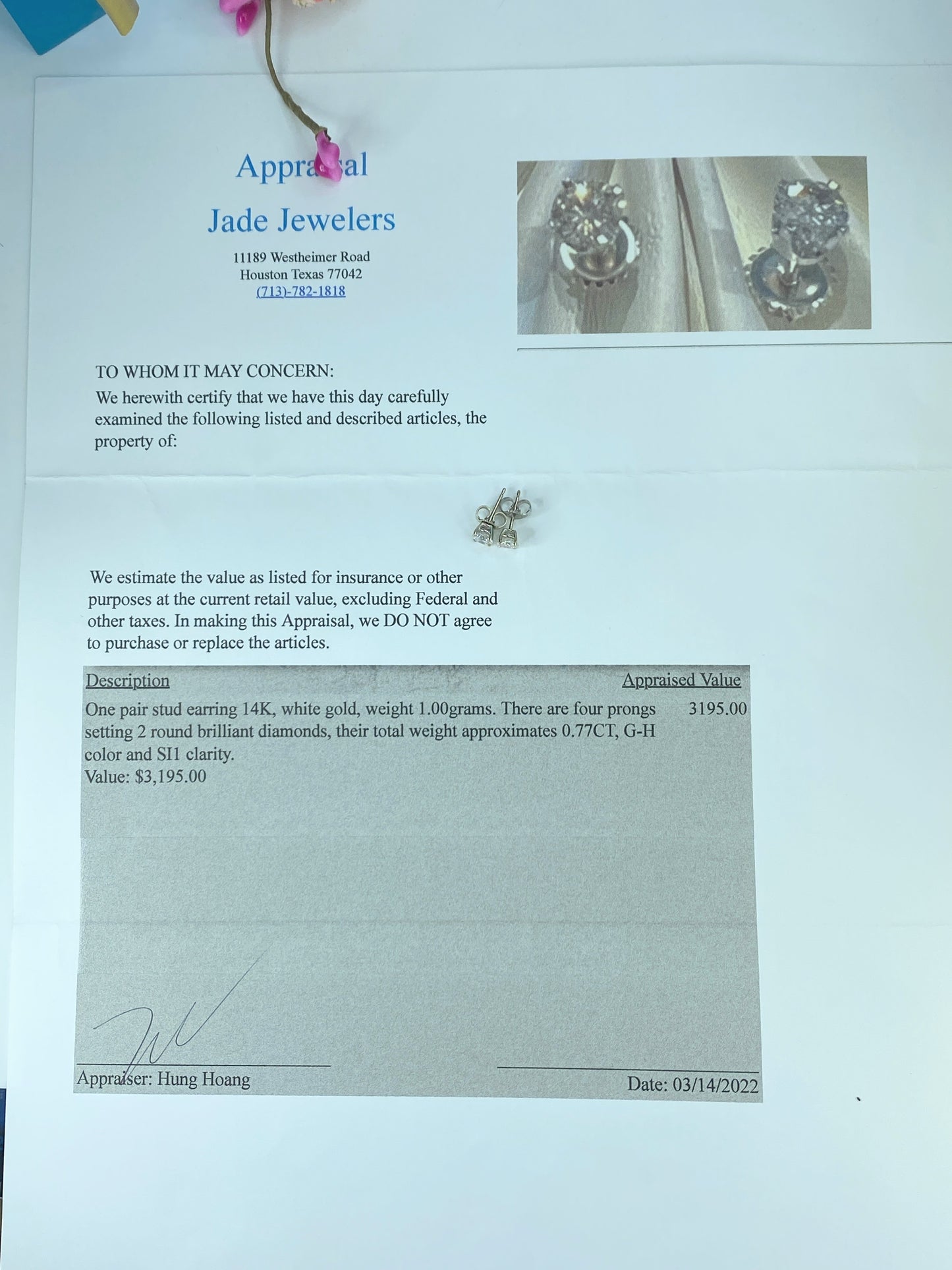 Appraised $3,195 14K gold 0.77ct G/SI1 round brilliant Diamond earrings JR436