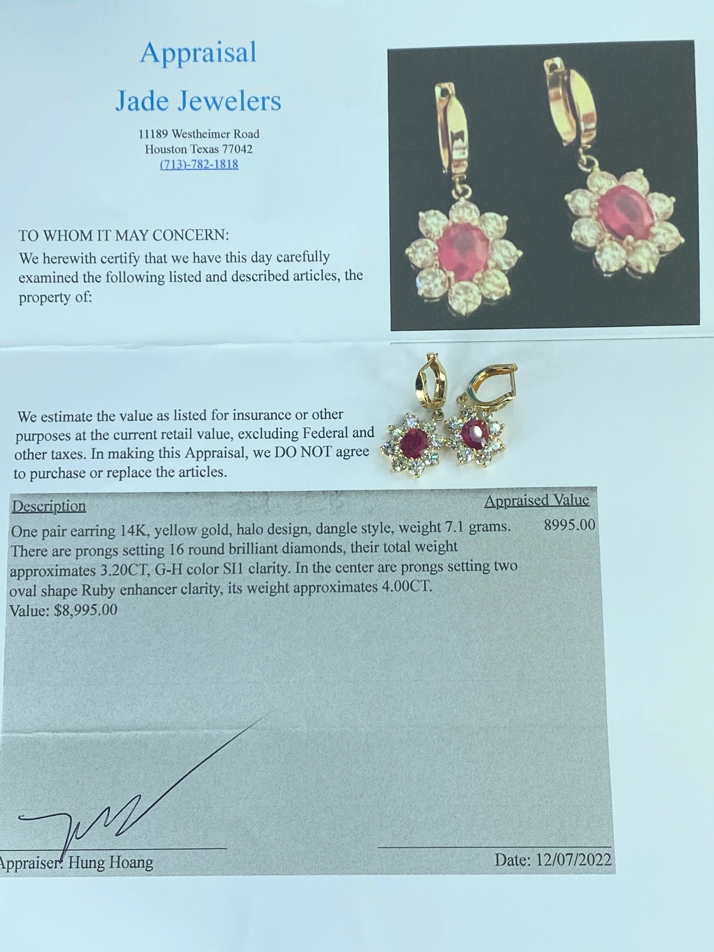 Appraised $8,995 14K 3.2ct natural Ruby 4.0ct G/Si1 Diamond earrings 7.1g JR437