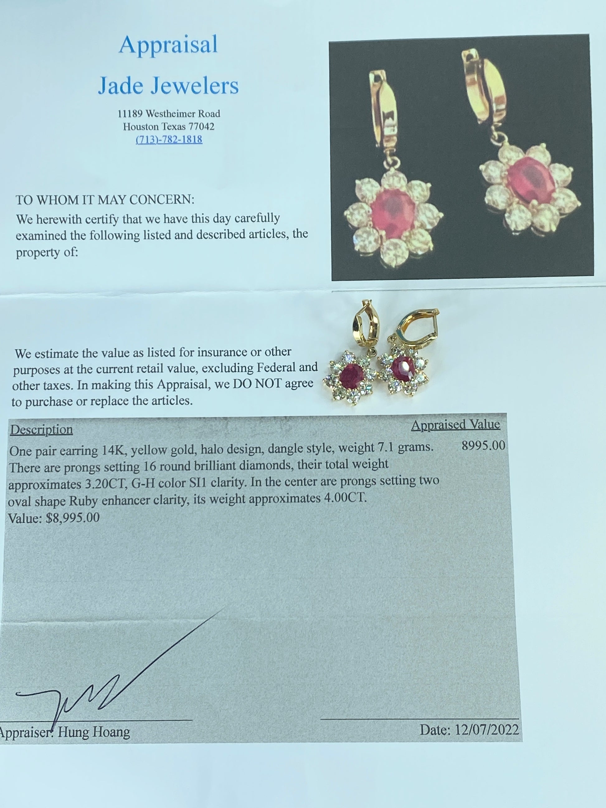 Appraised $8,995 14K 3.2ct natural Ruby 4.0ct G/Si1 Diamond earrings 7.1g JR437