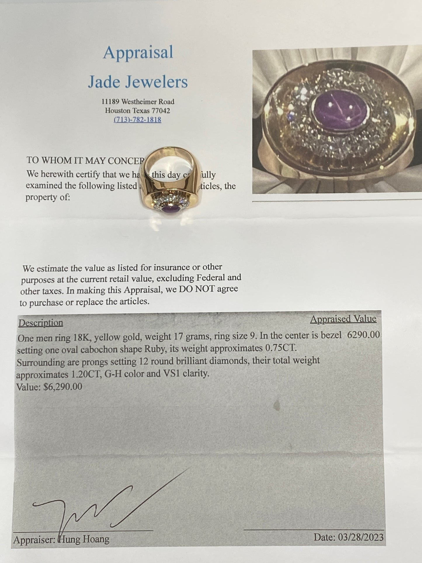 Appraised $6,290 18K 0.75ct Star Ruby Cabochon 1.2ct G/VS1 diamond ring JR438