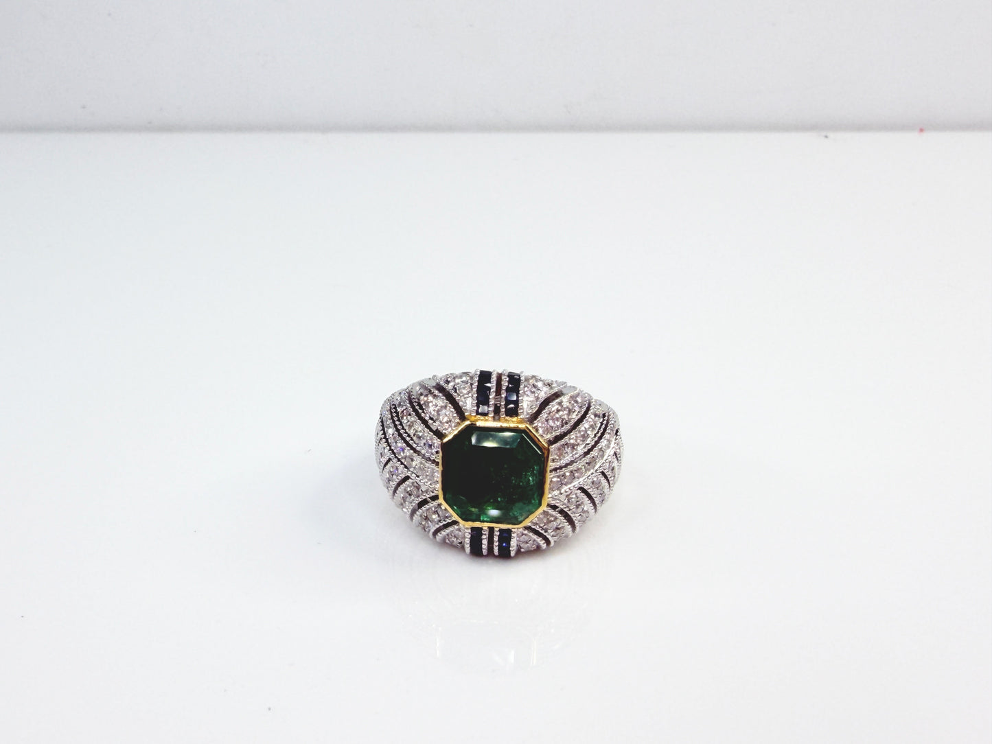 Vintage Octagonal Emerald Diamond Sapphire 18K Statement Ring JR1481