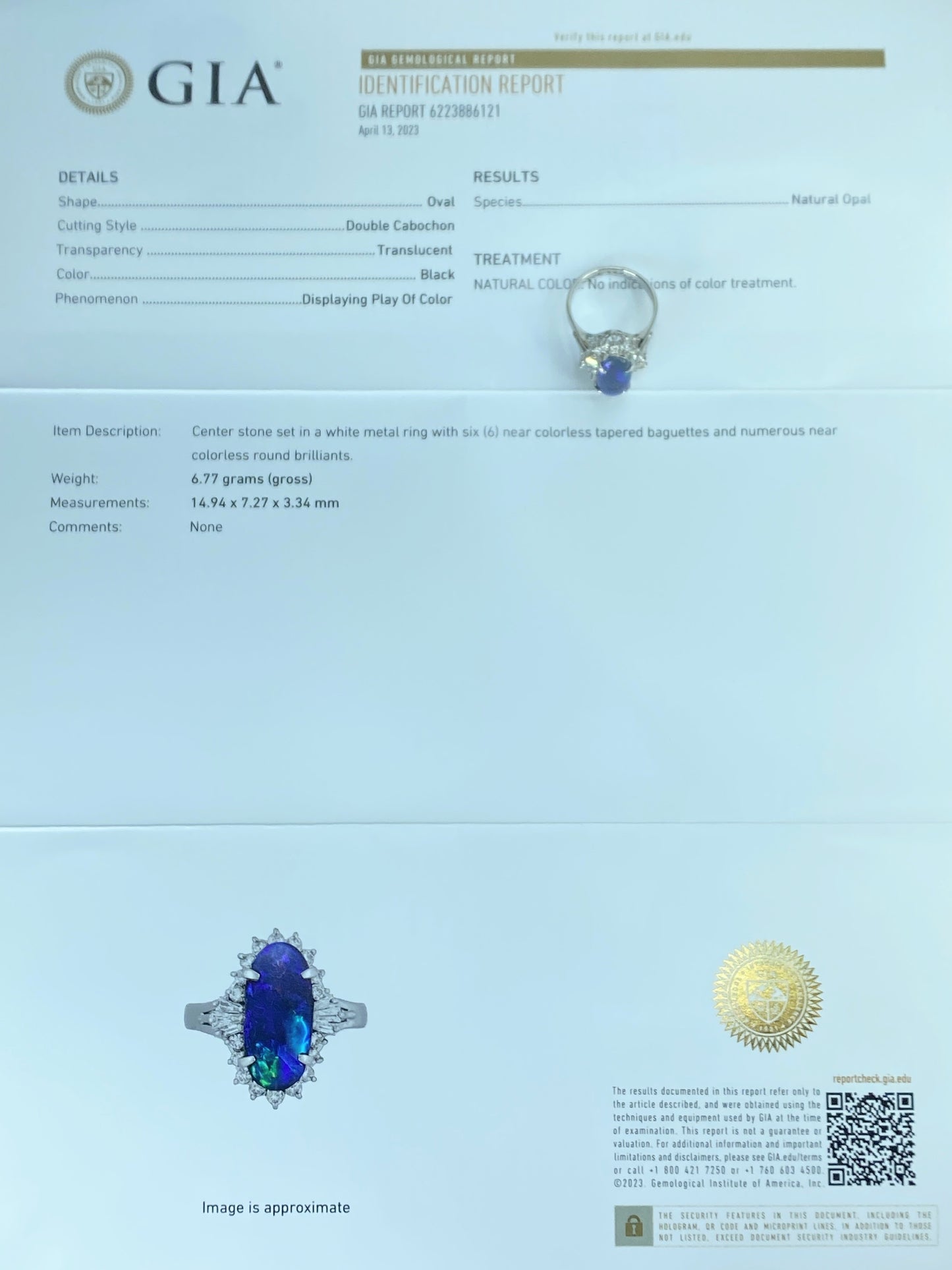 GIA certified Platinum 2.63ct Black Opal 0.74ct G/VS1 diamonds ring 6.8g JR439