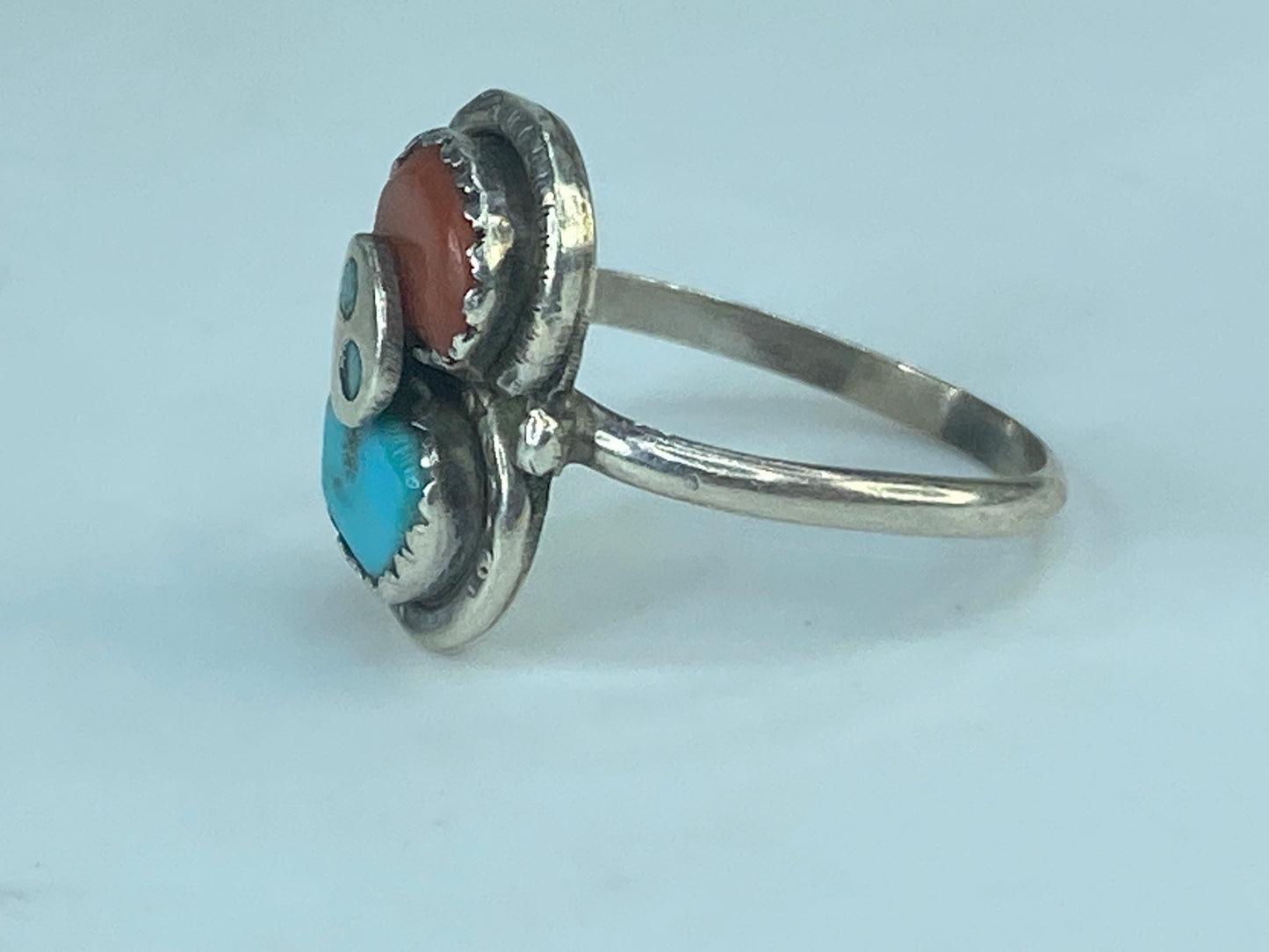 Native American Zuni sterling silver turquoise and coral Effie ring s6.5 JR445