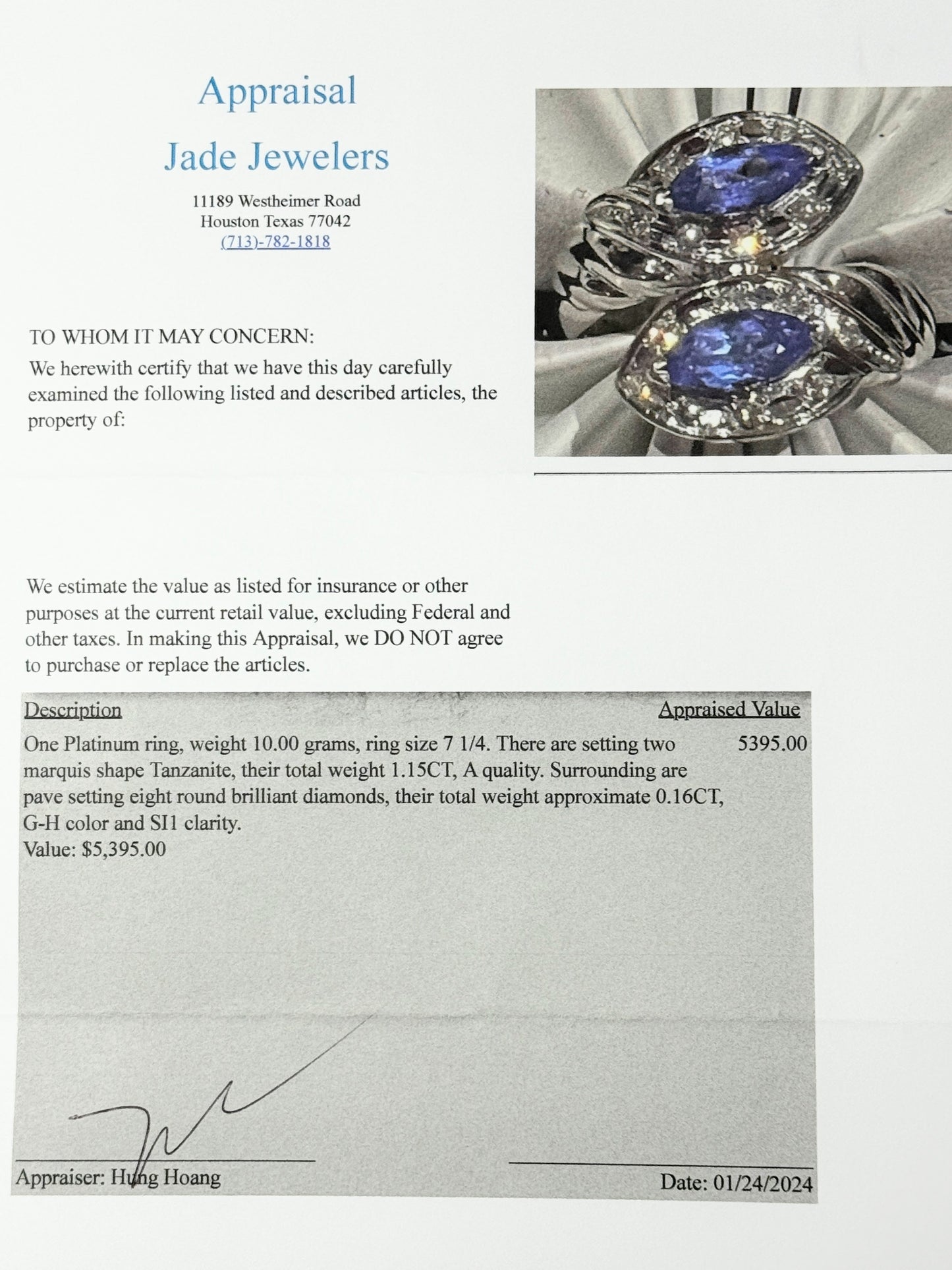 Appraised $5,395 Platinum Toi et Moi Tanzanite Solitaire Ring Diamond Accent
