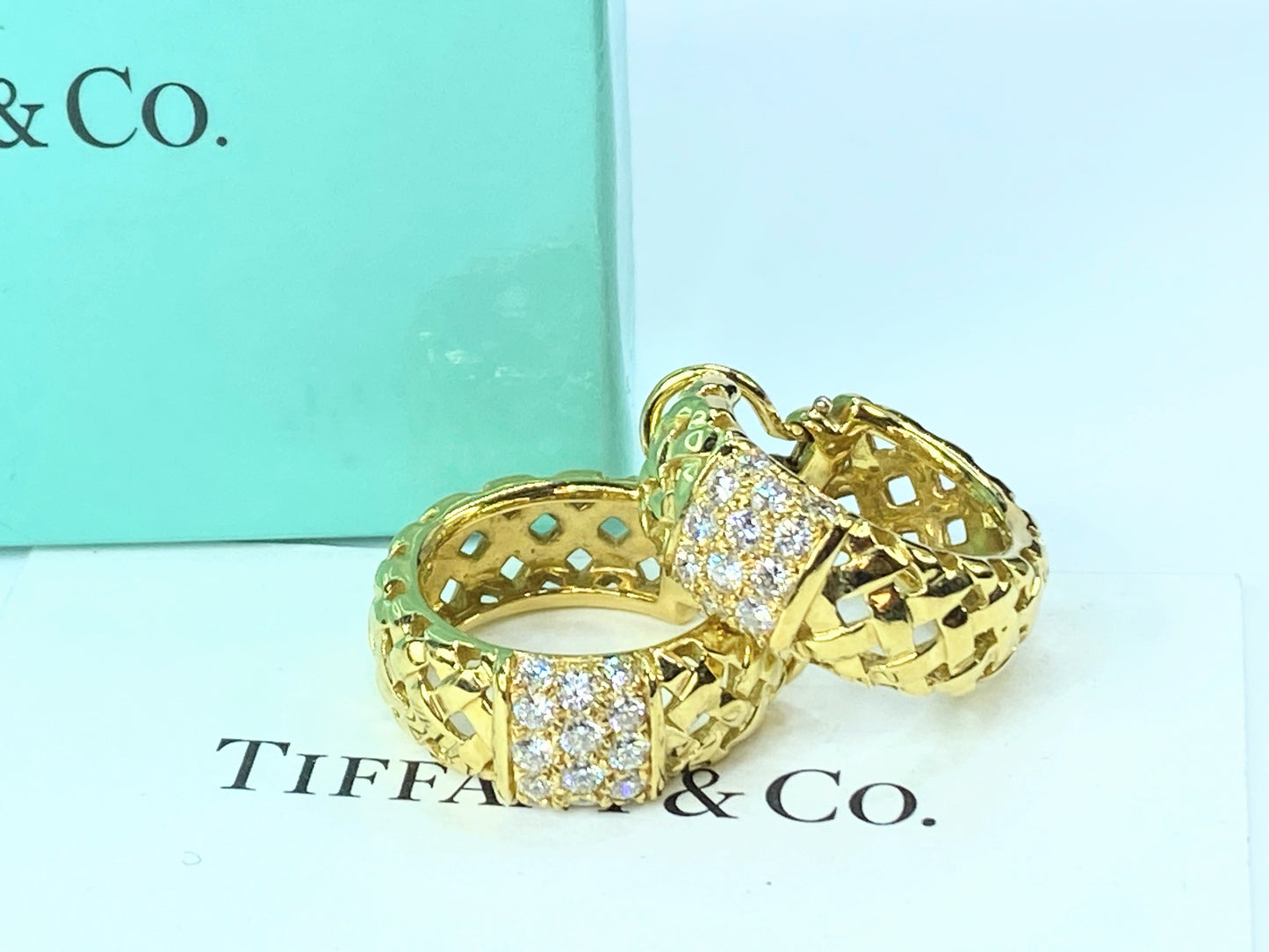 Tiffany & Co 18K gold Woven Vannerie Diamond hoop earrings