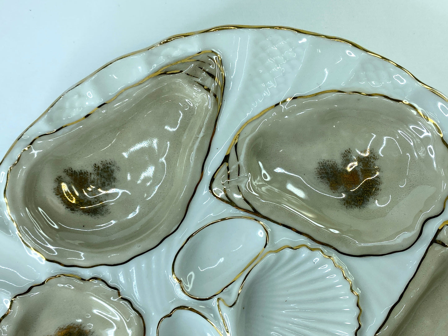 White Porcelain Oyster Serving Plate in Brown & Gold, 1800s, Germany 8.25" A405