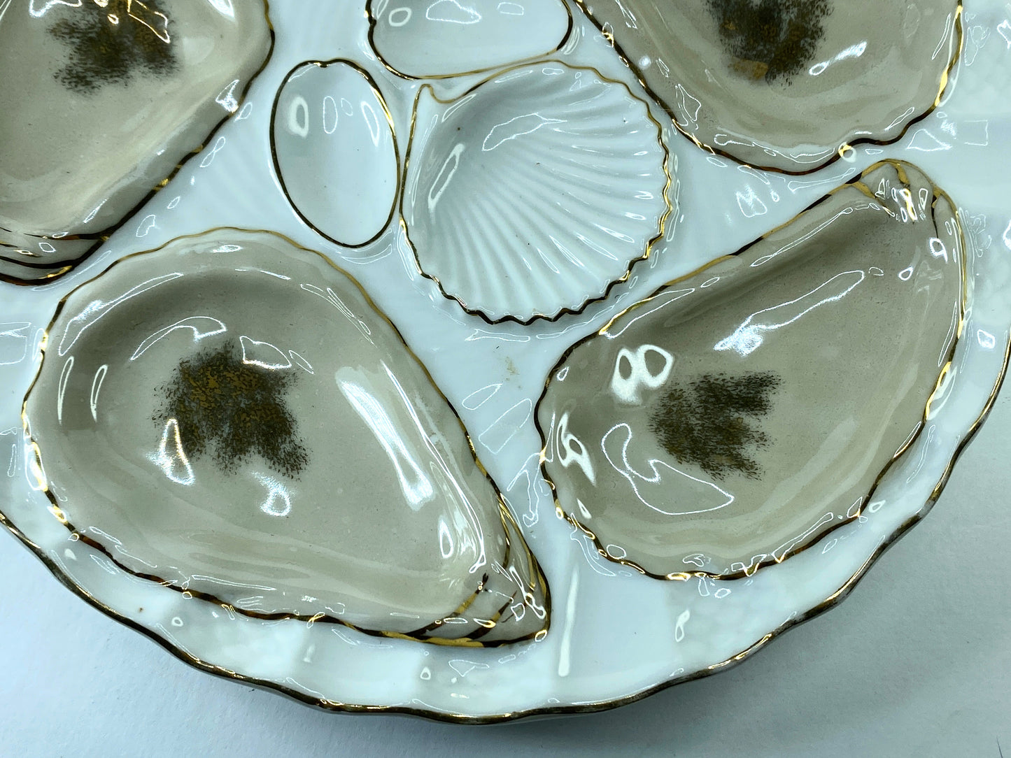 White Porcelain Oyster Serving Plate in Brown & Gold, 1800s, Germany 8.25" A405