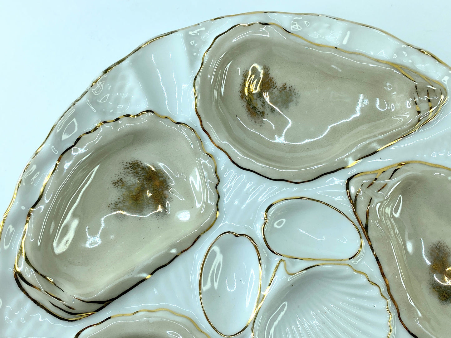 White Porcelain Oyster Serving Plate in Brown & Gold, 1800s, Germany 8.25" A405