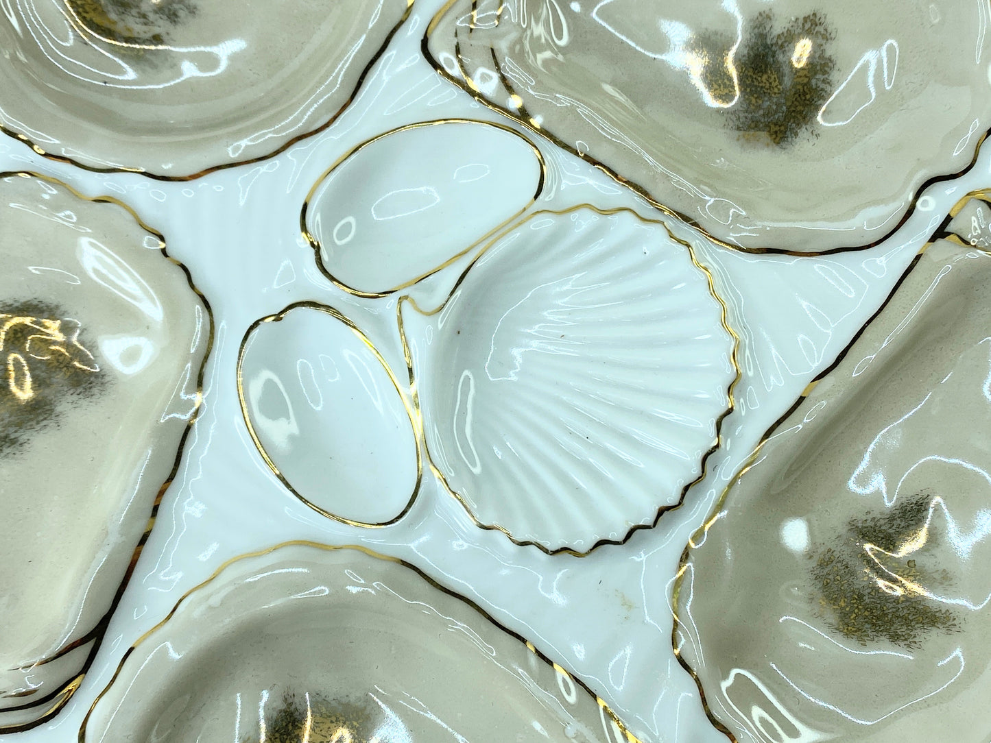 White Porcelain Oyster Serving Plate in Brown & Gold, 1800s, Germany 8.25" A405
