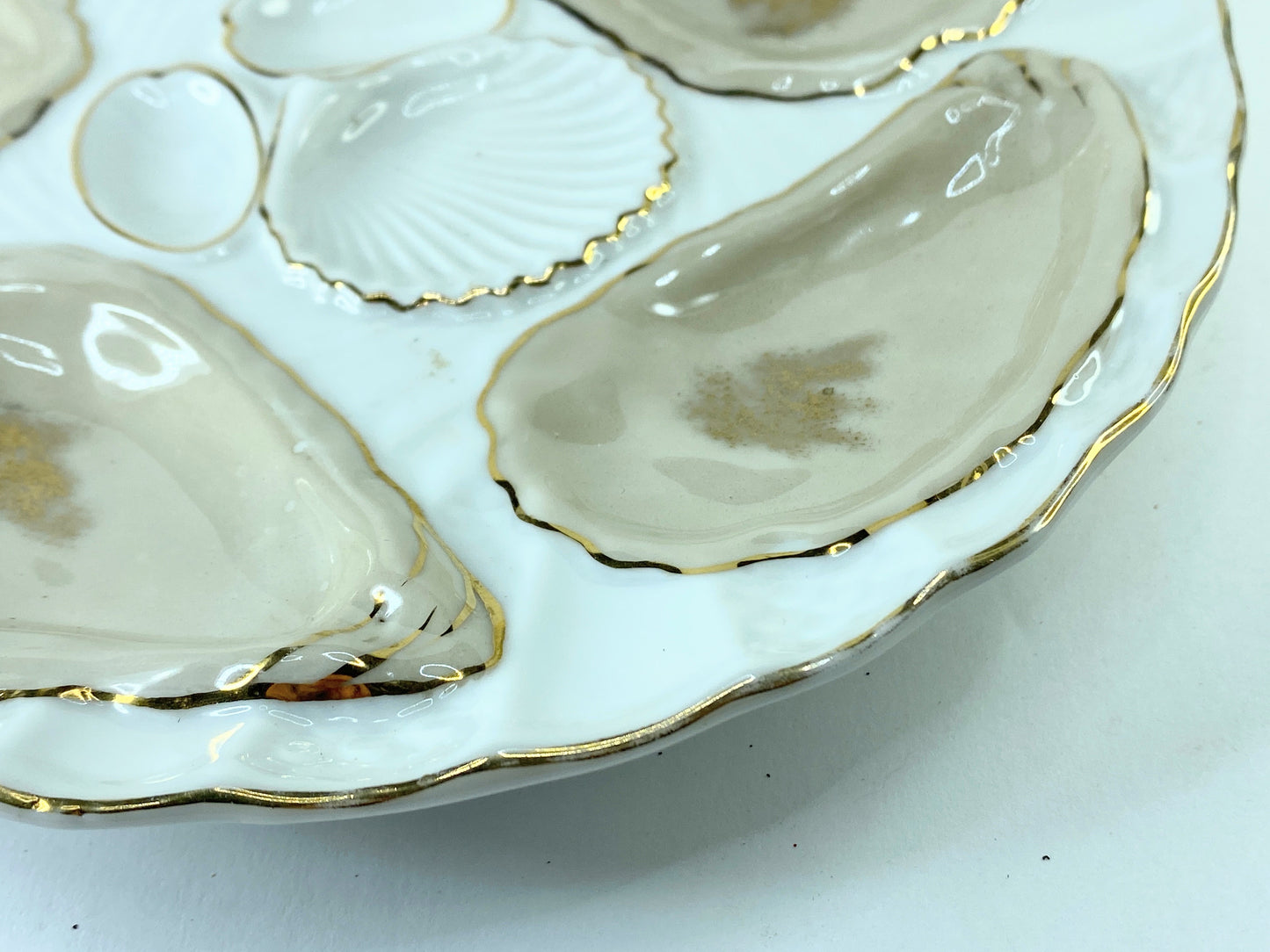 White Porcelain Oyster Serving Plate in Brown & Gold, 1800s, Germany 8.25" A405