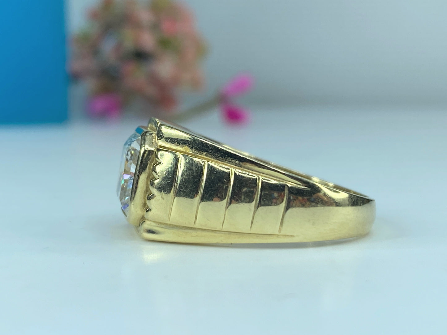 Vintage 14K yellow gold Cushion cut White Topaz men's ring s10 8.9g JR387