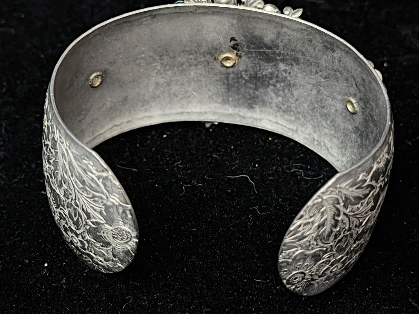 Vintage German Silver Alpaca Turquoise Floral Engraved Cuff Bracelet SS254