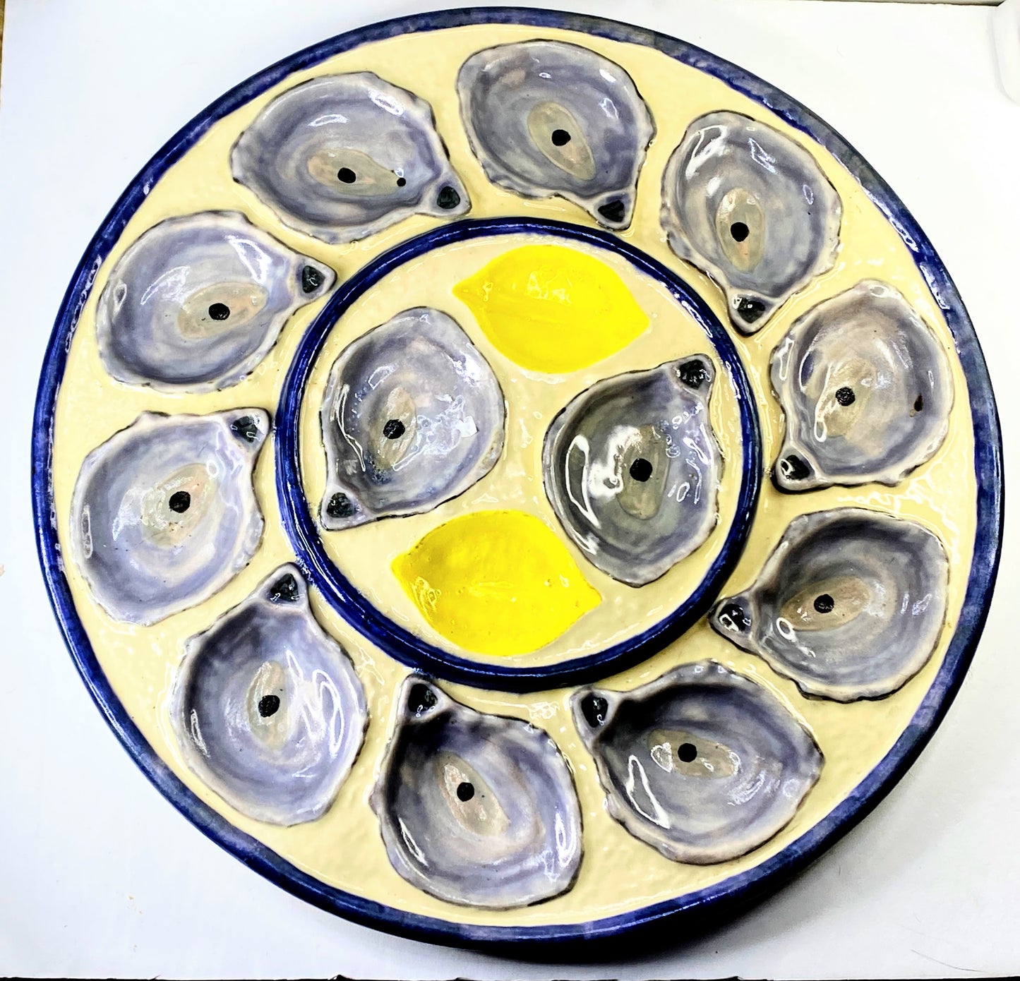 X-Large French Majolica Oyster St Clement Lavender Yellow Serving Platter A413
