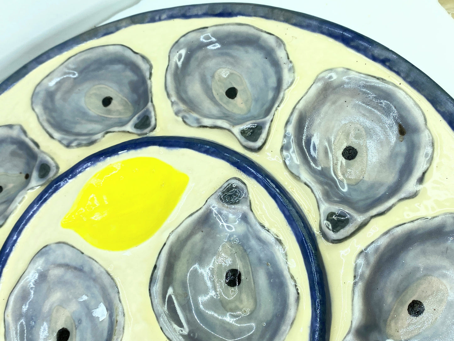 X-Large French Majolica Oyster St Clement Lavender Yellow Serving Platter A413