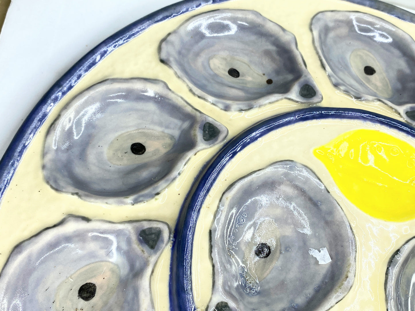 X-Large French Majolica Oyster St Clement Lavender Yellow Serving Platter A413