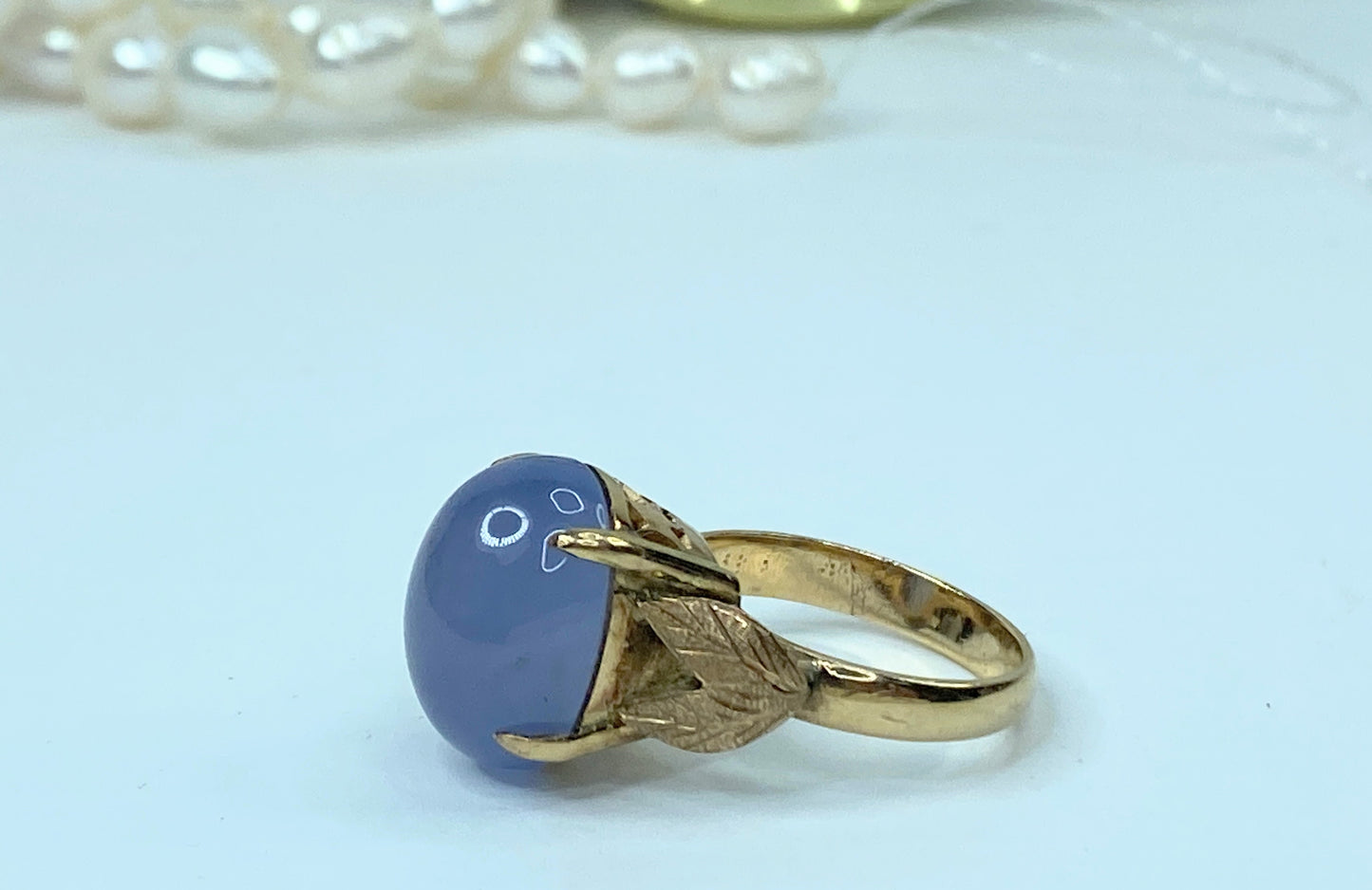 Art Nouveau 10K yellow gold Iolite cabochon statement ring sz 8 7.9gm JR951