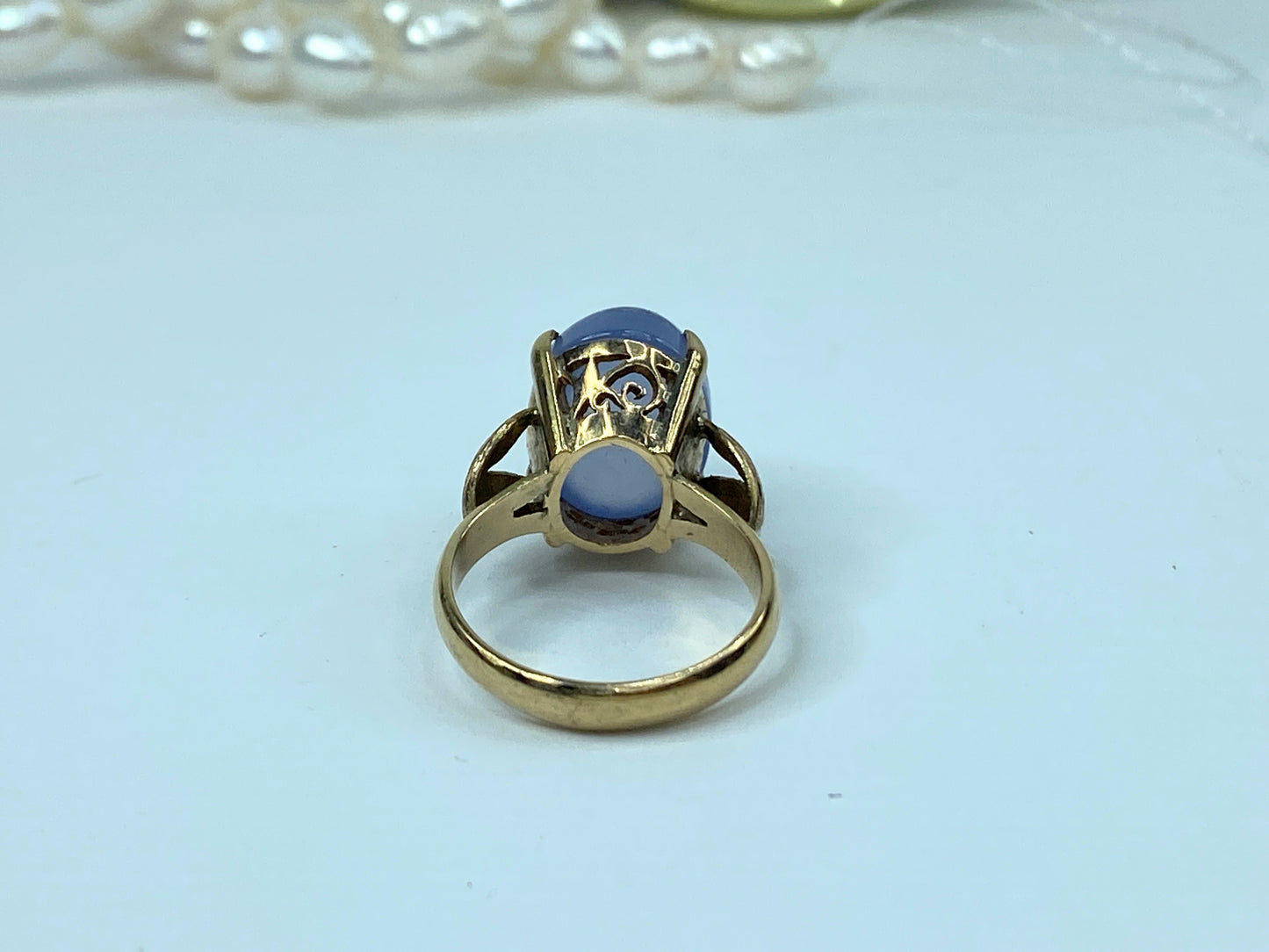 Art Nouveau 10K yellow gold Iolite cabochon statement ring sz 8 7.9gm JR951