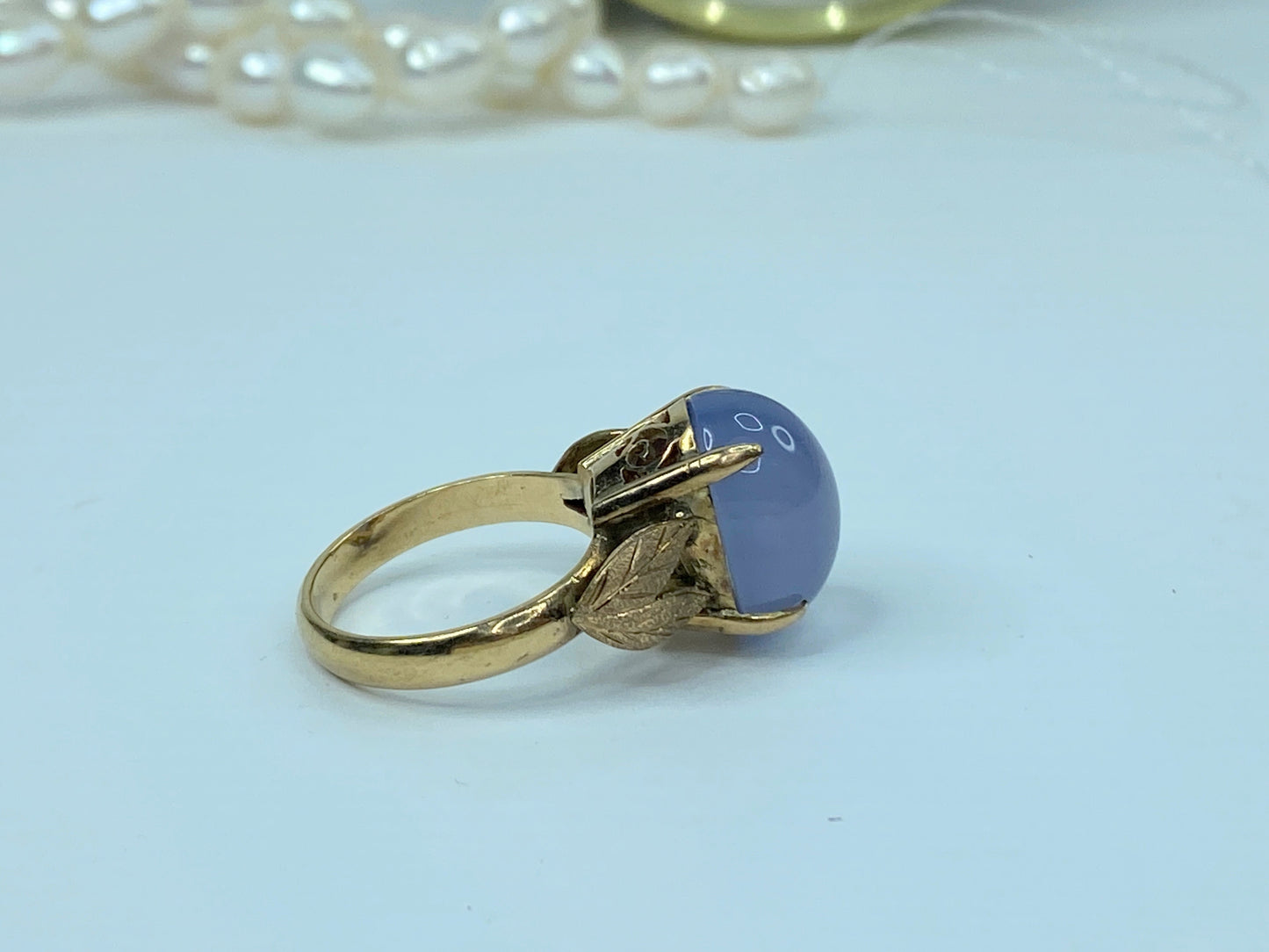 Art Nouveau 10K yellow gold Iolite cabochon statement ring sz 8 7.9gm JR951