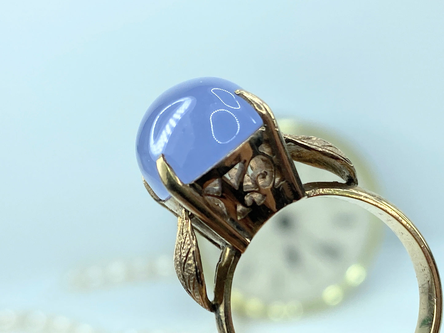 Art Nouveau 10K yellow gold Iolite cabochon statement ring sz 8 7.9gm JR951