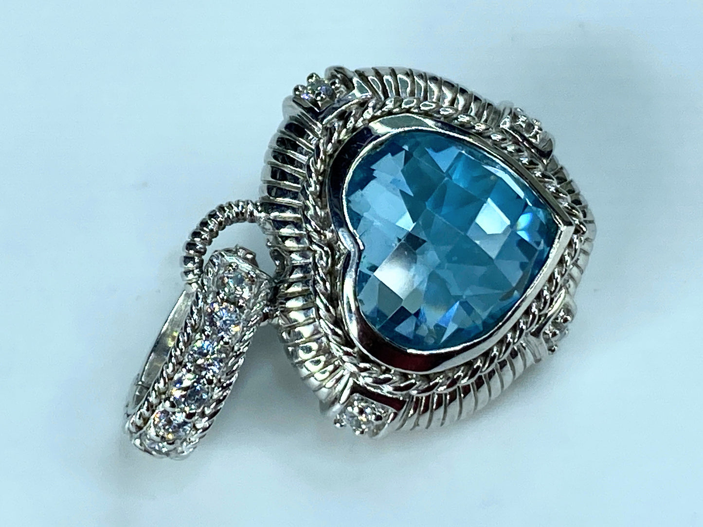 Judith Ripka Sterling Silver Blue Topaz & CZ Heart Pendant Enhancer 9.6g JR398