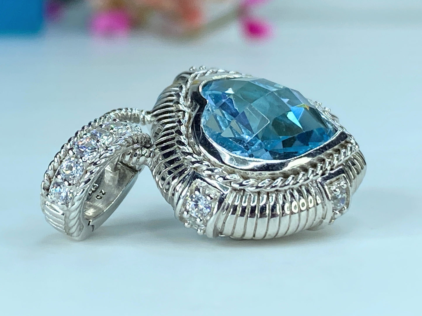 Judith Ripka Sterling Silver Blue Topaz & CZ Heart Pendant Enhancer 9.6g JR398