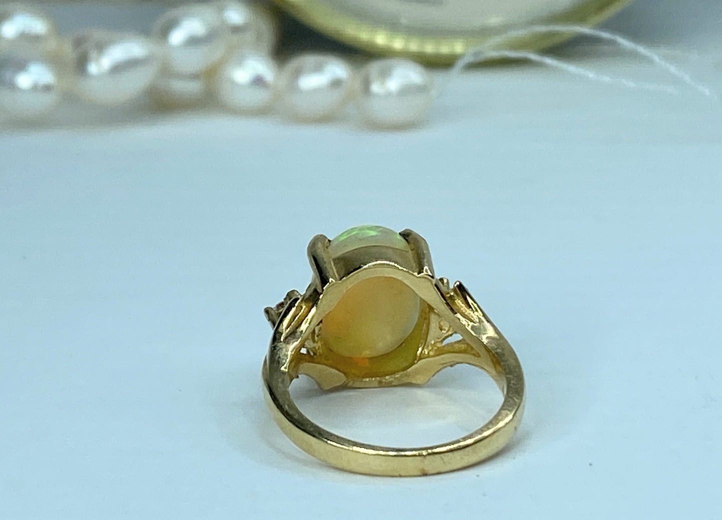 14K yellow gold 3.55ct Opal cabochon Brilliant diamond ring s5.75 5.7grams JR952